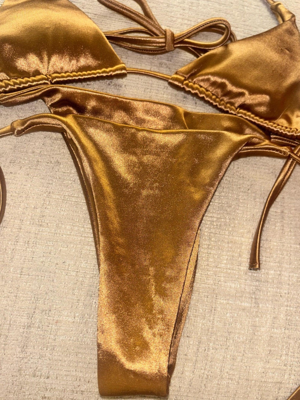 Metallic Bronze String Bikini Set XS Shiny Triangle Top High Cut Thong Vacation - Picture 5 of 7
